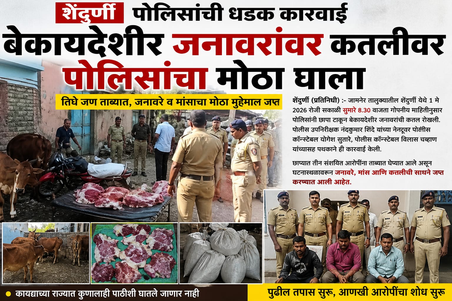 शेंदुर्णीत बेकायदेशीर जनावरांच्या कत्तलीवर पोलिसांचा मोठा घाला; तिघे जण ताब्यात, मुद्देमाल जप्त